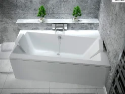 Besco Baignoire asymétrique - 150 x 90 cm - Droite - avec Tablier Blanc - Pieds - Vidage Chrome - INFINITY