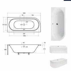 Baignoire Asymétrique|Besco Baignoire asymétrique - 170 x 75 cm - Droite - avec Tablier Blanc - Pieds - Vidage Chrome - AVITA