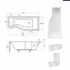 Besco Baignoire asymétrique - 150 x 75 cm - Droite - sans Habillage - avec Pieds - Pare Baignoire 3 Volets - Vidage Chrome - INTEGRA