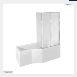 Baignoire Asymétrique|Besco Baignoire asymétrique - 150 x 75 cm - Droite - avec Habillage - Pieds - Pare Baignoire 3 Volets - Vidage Chrome - INTEGRA