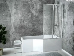 Baignoire Asymétrique|Besco Baignoire asymétrique - 150 x 75 cm - Droite - avec Habillage - Pieds - Pare Baignoire 3 Volets - Vidage Chrome - INTEGRA
