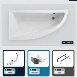 Baignoire Asymétrique|Besco Baignoire asymétrique - 150 x 70 cm - Gauche - avec Habillage - Pieds - Vidage Chrome - PRAKTIKA