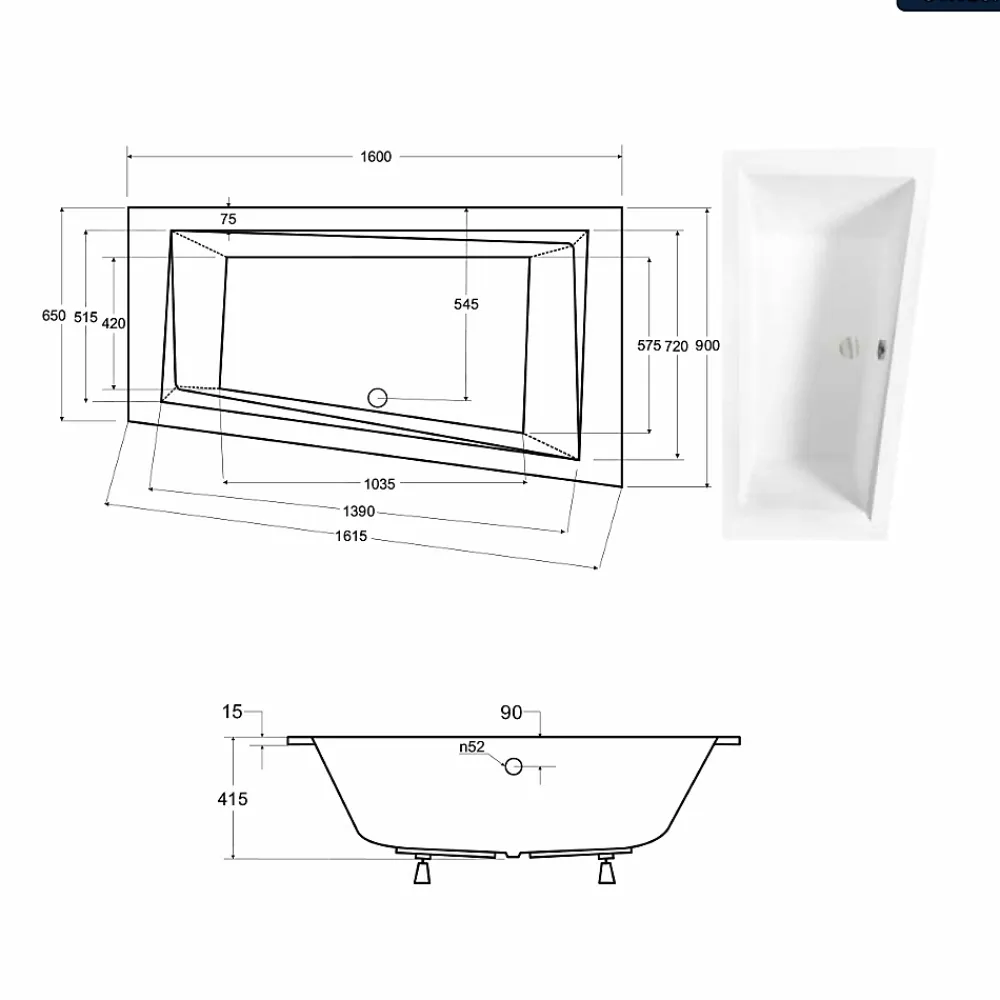 Besco Baignoire asymétrique - 160 x 90 cm - Droite - sans Habillage - avec Pieds - Vidage Chrome - INTIMA SLIM