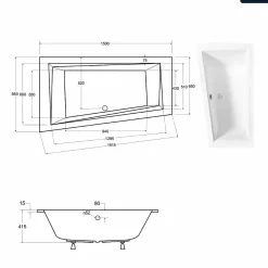 Baignoire Asymétrique|Besco Baignoire asymétrique - 150 x 85 cm - Gauche - sans Habillage - avec Pieds - Vidage Chrome - INTIMA SLIM
