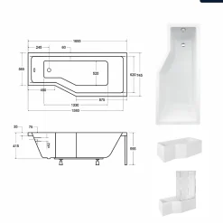 Baignoire Asymétrique|Besco Baignoire asymétrique - 170 x 75 cm - Droite - sans Habillage - avec Pieds - Pare Baignoire 3 Volets - Vidage Chrome - INTEGRA