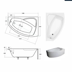 Baignoire Asymétrique|Besco Baignoire asymétrique - 140 x 90 cm - Droite - sans Habillage - avec Pieds - Repose-tête - Vidage Chrome - RIMA