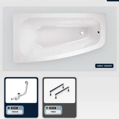 Baignoire Asymétrique|Besco Baignoire asymétrique - 150 x 80 cm - Gauche - sans Habillage - avec Pieds - Vidage Chrome - LUNA