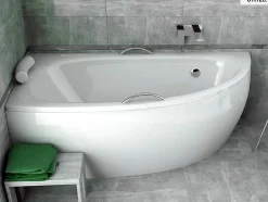 Besco Baignoire asymétrique - 150 x 70 cm - Gauche - avec Habillage - Pieds - Poignées - Repose-tête - Vidage Chrome - MILENA PREMIUM