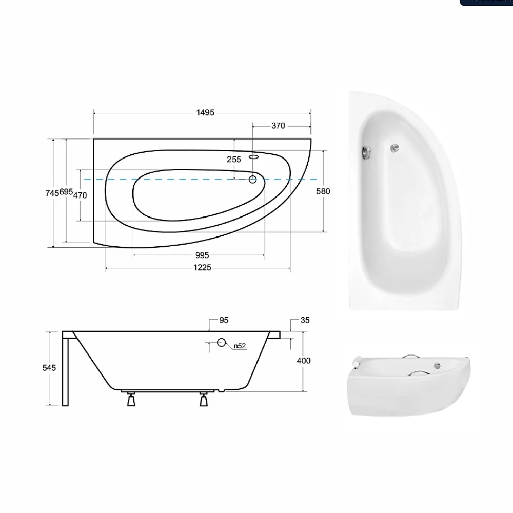 Baignoire Asymétrique|Besco Baignoire asymétrique - 150 x 70 cm - Gauche - avec Tablier - Pieds - Vidage Chrome - MILENA