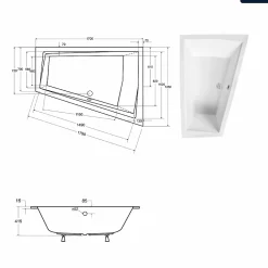 Baignoire Asymétrique|Besco Baignoire asymétrique - 170 x 125 cm - Droite - sans Habillage - avec Pieds - 2 Repose-têtes - Vidage Chrome - INTIMA SLIM