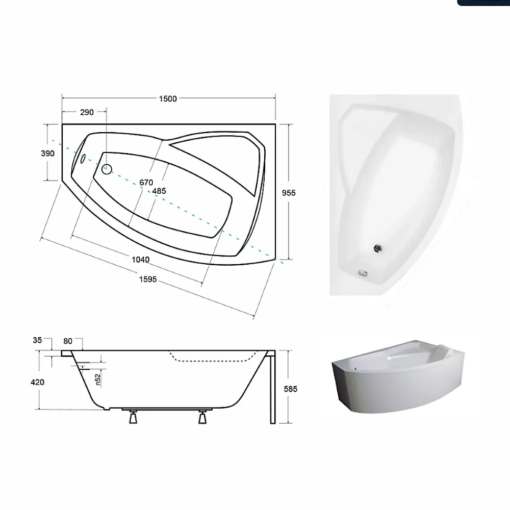 Besco Baignoire asymétrique - 150 x 95 cm - Droite - sans Habillage - avec Pieds - Vidage Chrome - RIMA