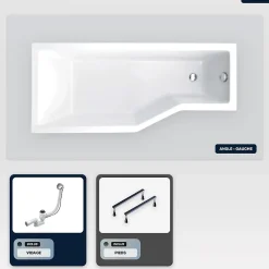 Baignoire Asymétrique|Besco Baignoire asymétrique - 170 x 75 cm - Gauche - sans Habillage - avec Pieds - Vidage Chrome - INTEGRA
