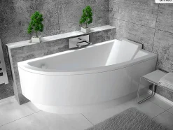 Baignoire Asymétrique|Besco Baignoire asymétrique - 140 x 70 cm - Droite - avec Habillage - Pieds - Vidage Chrome - PRAKTIKA