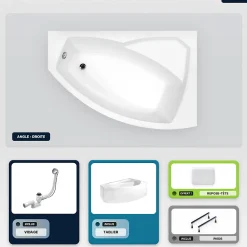 Baignoire Asymétrique|Besco Baignoire asymétrique - 130 x 85 cm - Droite - avec Tablier - Pieds - Repose-tête - Vidage Chrome - RIMA