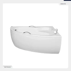 Besco Baignoire asymétrique - 150 x 100 cm - Droite - avec Habillage - Pieds - Poignées - Repose-tête - Vidage Chrome - NATALIA PREMIUM