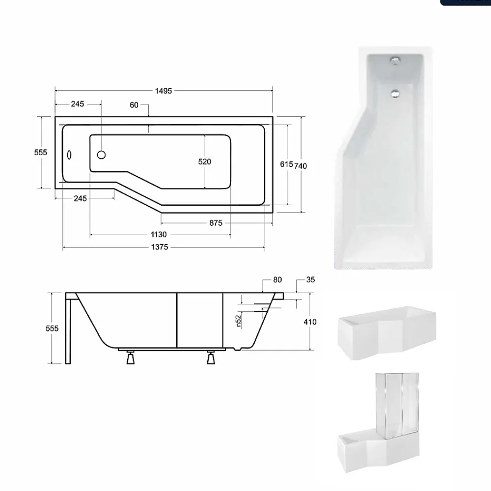 Besco Baignoire asymétrique - 150 x 75 cm - Droite - avec Habillage - Pieds - Vidage Chrome - INTEGRA
