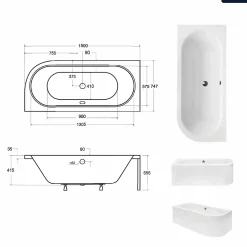 Baignoire Asymétrique|Besco Baignoire asymétrique - 150 x 75 cm - Gauche - sans Habillage - avec Pieds - Repose-tête - Vidage Chrome - AVITA
