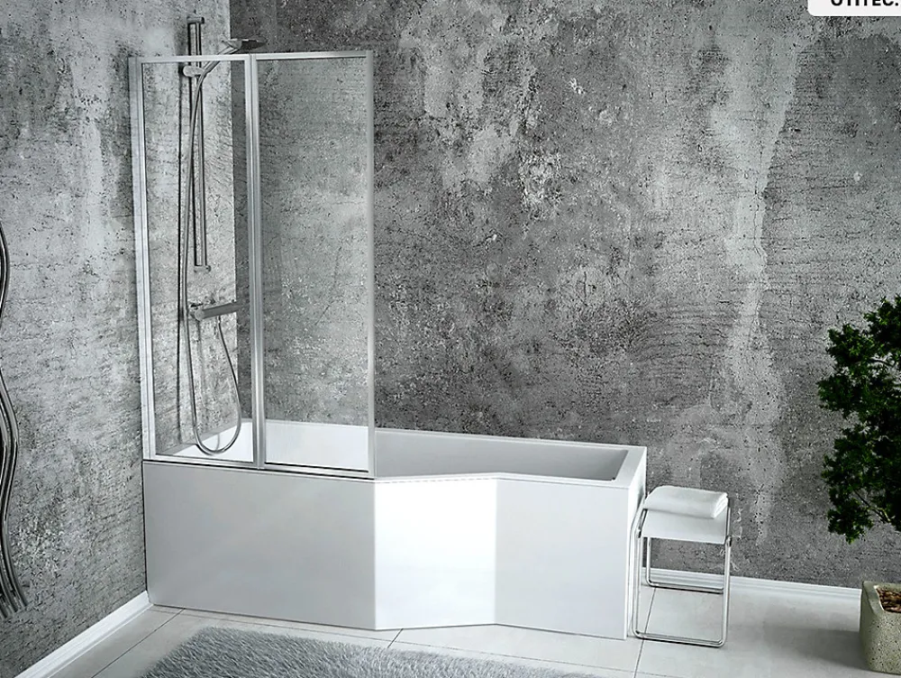 Besco Baignoire asymétrique - 170 x 75 cm - Gauche - avec Tablier - Pieds - Pare Baignoire 3 Volets - Vidage Chrome - INTEGRA