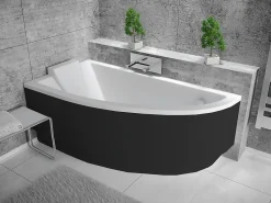 Besco Baignoire asymétrique + tablier noir + repose tête - PRAKTIKA - 150 x 70 cm - Gauche