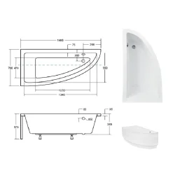 Besco Baignoire asymétrique + tablier noir + repose tête - PRAKTIKA - 150 x 70 cm - Gauche