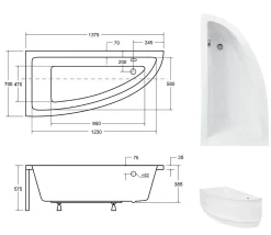 Besco Baignoire asymétrique + tablier blanc + repose tête - PRAKTIKA - 140 x 70 cm - Gauche