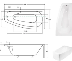 Baignoire Asymétrique|Besco Baignoire asymétrique + tablier blanc + repose tête - LUNA - 150 x 80 cm - Droite