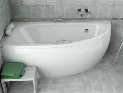 Besco Baignoire asymétrique + tablier blanc + repose tête + poignées - MILENA PREMIUM - 150 x 70 cm - Droite