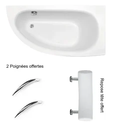 Besco Baignoire asymétrique + tablier blanc + repose tête + poignées - MILENA PREMIUM - 150 x 70 cm - Droite