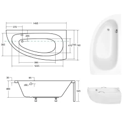 Besco Baignoire asymétrique + tablier blanc + repose tête + poignées - MILENA PREMIUM - 150 x 70 cm - Droite