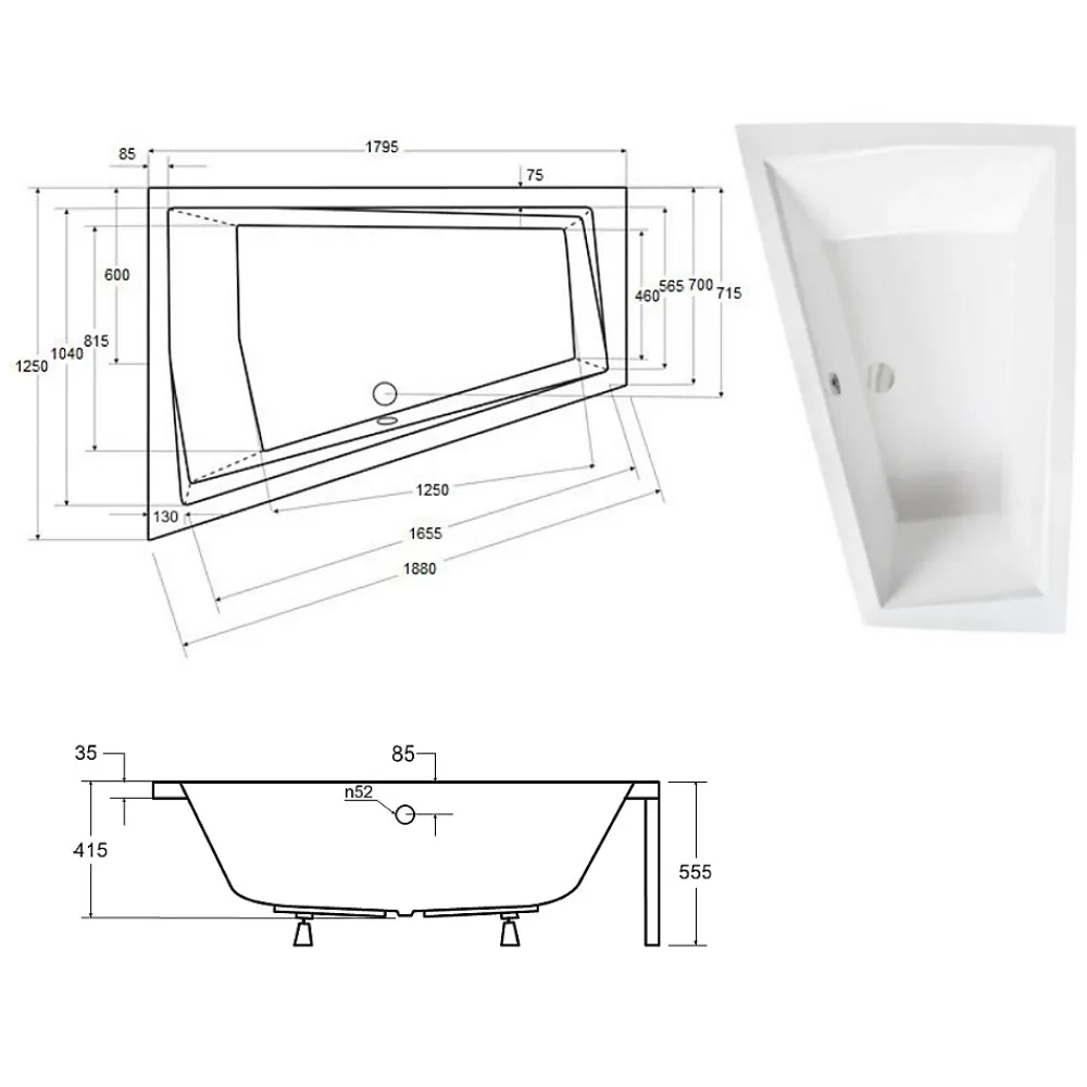 Baignoire Asymétrique|Besco Baignoire asymétrique + tablier blanc + repose tête - INTIMA DUO - 180 cm x 125 cm - Gauche