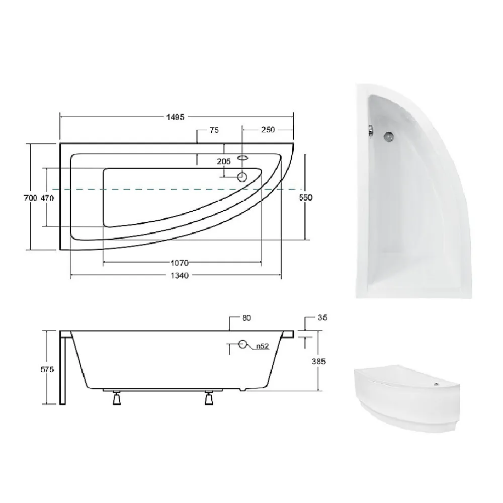 Baignoire Asymétrique|Besco Baignoire asymétrique + tablier blanc + repose tête - PRAKTIKA - 150 x 70 cm - Gauche