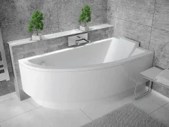 Besco Baignoire asymétrique + tablier blanc + repose tête - PRAKTIKA - 150 x 70 cm - Droite