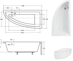 Besco Baignoire asymétrique + tablier blanc + repose tête - PRAKTIKA - 150 x 70 cm - Droite