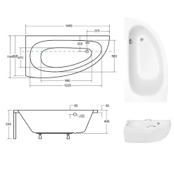 Besco Baignoire asymétrique + tablier blanc + repose tête + poignées - MILENA PREMIUM - 150 x 70 cm - Gauche