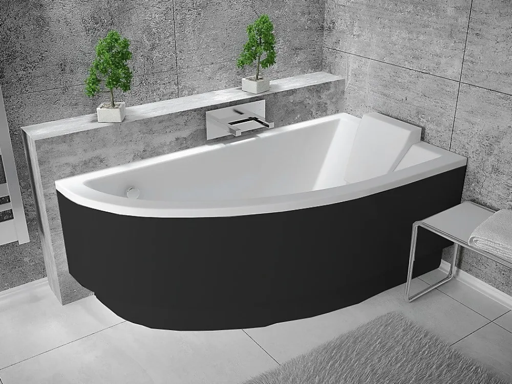 Baignoire Asymétrique|Besco Baignoire asymétrique + tablier noir + repose tête - PRAKTIKA - 140 x 70 cm - Droite