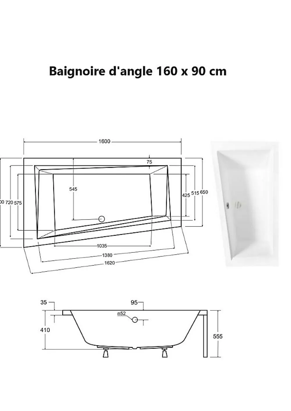 Besco Baignoire asymétrique + tablier noir + repose tête - INTIMA - 160 x 90 cm - Gauche