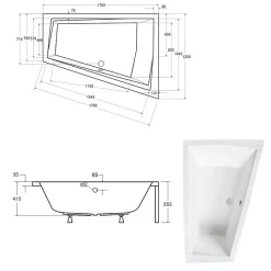 Besco Baignoire asymétrique + tablier blanc + repose tête - INTIMA DUO - 170 x 125 cm - Droite