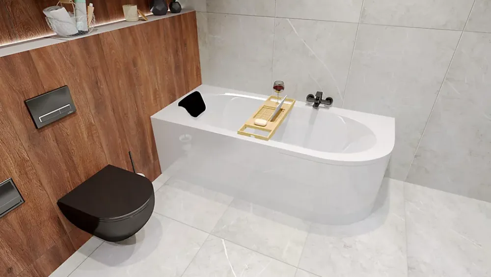 Baignoire D'Angle|Badland Baignoire asymétrique 180 x 80 Gauche AVITA acrylique blanc, sans Habillage + Repose Tête + Pieds + Vidage à chromé