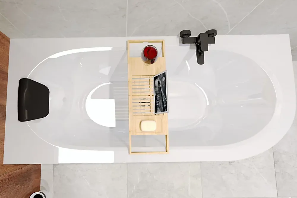 Baignoire D'Angle|Badland Baignoire asymétrique 180 x 80 Gauche AVITA acrylique blanc, sans Habillage + Repose Tête + Pieds + Vidage à chromé