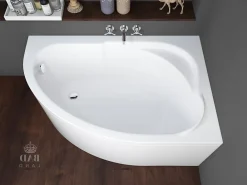Baignoire D'Angle|Badland Baignoire asymétrique 130 x 85 Droite STANDARD acrylique blanc + avec Tablier + Pieds + Vidage à chromé