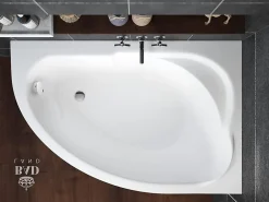 Baignoire D'Angle|Badland Baignoire asymétrique 130 x 85 Droite STANDARD acrylique blanc + avec Tablier + Pieds + Vidage à chromé