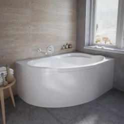 Baignoire D'Angle|Badland Baignoire asymétrique 130 x 85 Droite STANDARD acrylique blanc + avec Tablier + Pieds + Vidage à chromé