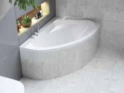 Baignoire D'Angle|Badland Baignoire asymétrique 160 x 100 Droite MAREA acrylique blanc + Habillage en polystyrène + Pieds + Vidage à chromé