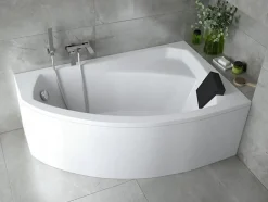 Baignoire D'Angle|Badland Baignoire asymétrique 130 x 85 Droite RIMA acrylique blanc + avec Tablier + Repose Tête + Pieds + Vidage à chromé