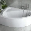 Baignoire D'Angle|Badland Baignoire asymétrique 130 x 85 Gauche RIMA acrylique blanc + avec Tablier + Repose Tête + Pieds + Vidage à chromé