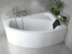 Baignoire D'Angle|Badland Baignoire asymétrique 170 x 110 Droite RIMA acrylique blanc + avec Tablier + Repose Tête + Pieds + Vidage à chromé