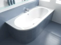 Baignoire D'Angle|Badland Baignoire asymétrique 170 x 75 Droite AVITA acrylique blanc + Habillage en polystyrène + Pieds + Vidage à chromé