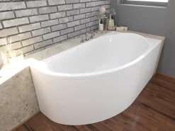 Baignoire D'Angle|Badland Baignoire asymétrique 140 x 70 Droite MIKI acrylique blanc, sans Habillage + Pieds + Vidage à chromé