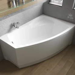 Baignoire D'Angle|Badland Baignoire asymétrique 140 x 90 Droite FRIDA acrylique blanc + avec Tablier + Pieds + Vidage à chromé