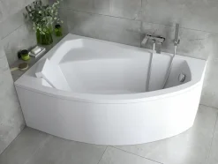 Baignoire D'Angle|Badland Baignoire asymétrique 140 x 90 Gauche RIMA acrylique blanc + Habillage en polystyrène + Repose Tête + Pieds + Vidage à chromé